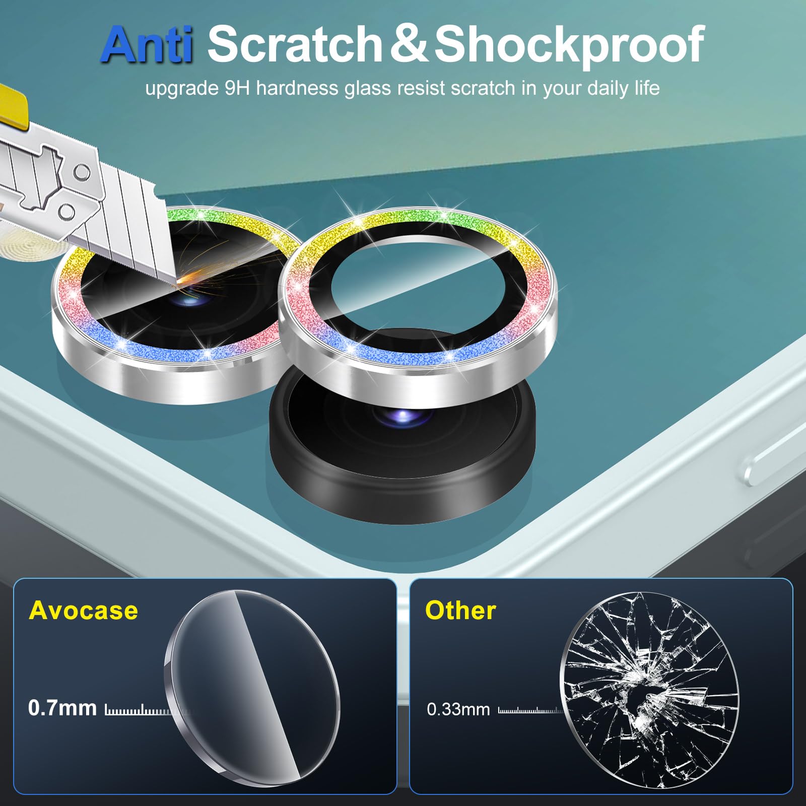 Avocase for Samsung Galaxy Z Flip 7 Camera Lens Protector, Individual Metal Ring Tempered Glass Lens Cover, [Strong Adsorption] Scratch Resistant Ultra-Thin HD Clear Lens Cover, 1 Set-Colorful Sparkly