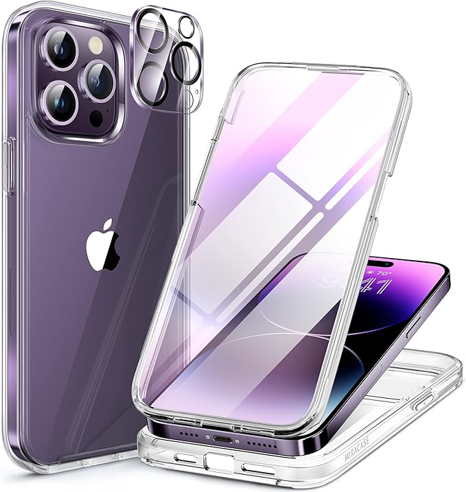 Miracase Glass Series Designed for iPhone 14 Pro Case 6.1 Inch, Upgrade Full-Body Bumper Case with Built-in 9H Tempered Glass Screen Protector, with Camera Lens Protector, Clear