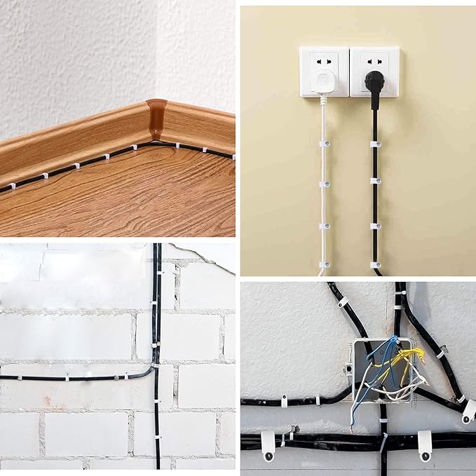 Cable Clips, 100 Pcs, 10mm, Wire Wall Clips with Steel Nails, Cable Management Organizer Clips, Cable Tacks Coax Holder Clips, RG6 RG59 CAT6 RJ45 Cable Cord Clips, White