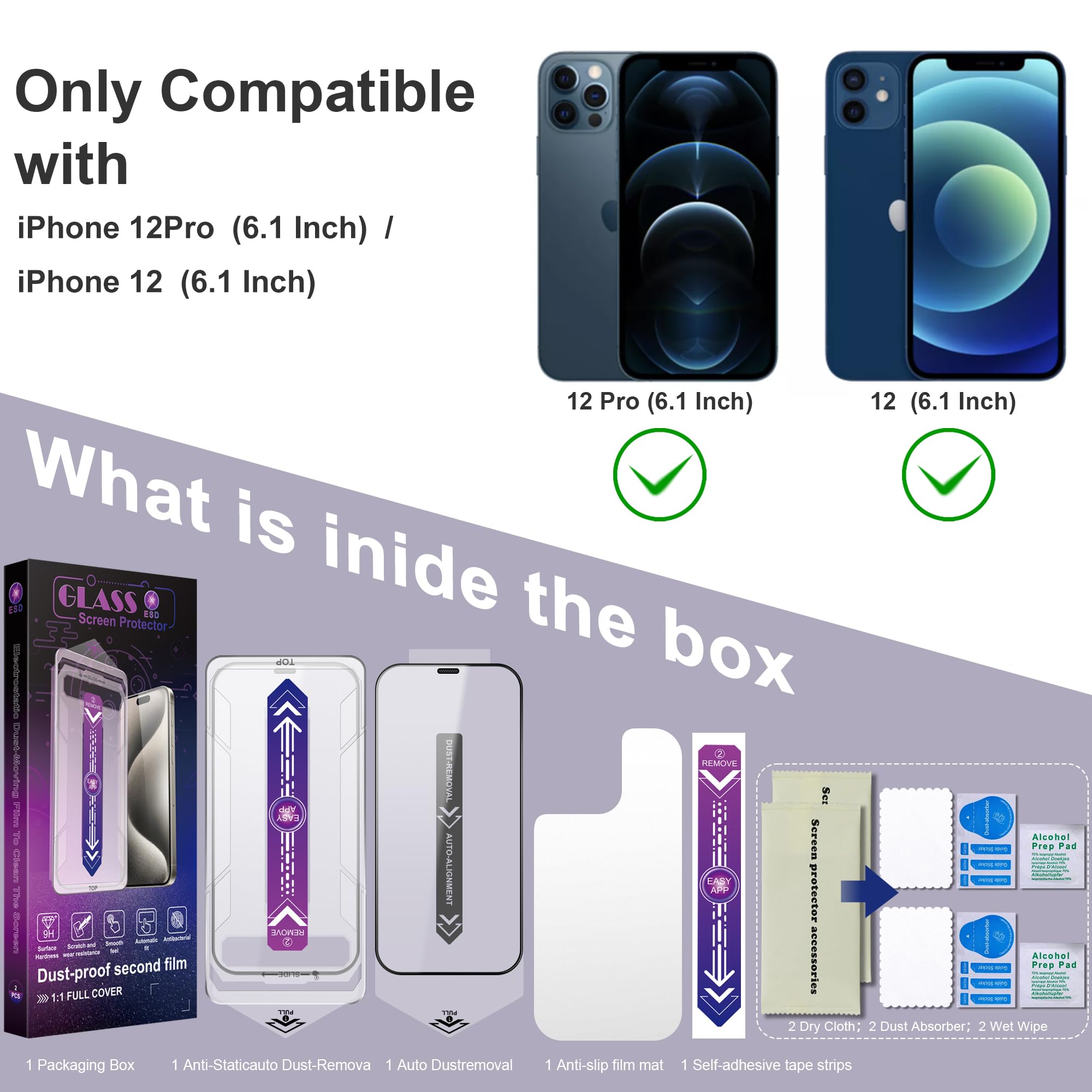 CHRYSHA 2-Pack Screen Protector Tempered Glass for iPhone 12 and iPhone 12 Pro 6.1-Inch, Auto Dust Removal, No Bubbles, High Definition Clear, Easy Installation