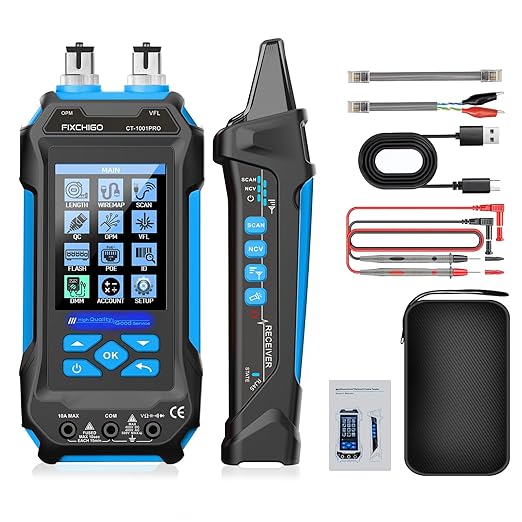 11 In 1 Network Cable Tester with 60000 Digit Multimeter 7 Wavelengths OPM 10Km/10mW VFL 600M Measurable Length 100 Records Tool Kit for CAT5 CAT6 Telephone Ethernet RJ11 RJ45 PoE Wire Tracer NCV,Blue