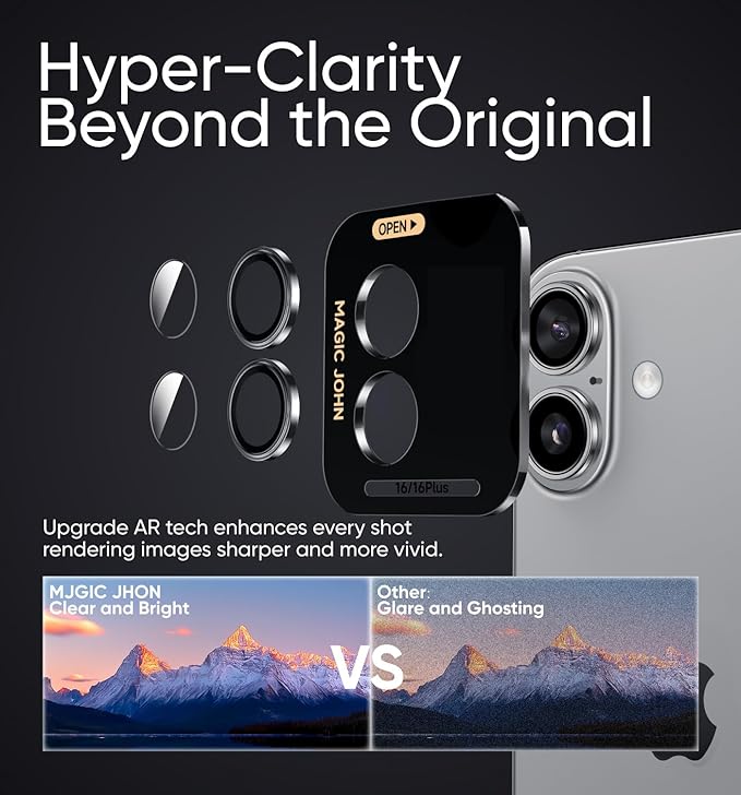 MAGIC JOHN for iPhone 16Plus/16 Camera Lens Protector [Alignment Kit&1:1 Invisible Perfect Fit] 9H Aerospace Tempered Glass Anti-Scratch Durable, Individual Cover Ring, Case Friendly, Set of 2, Sliver