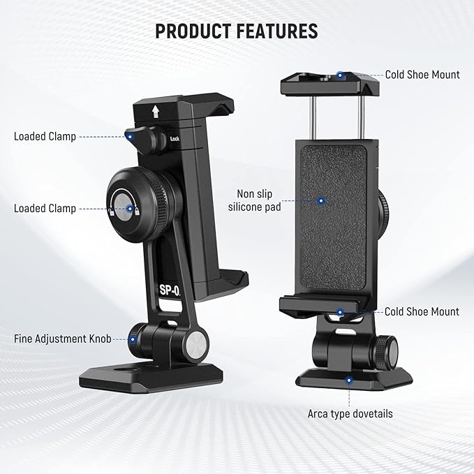 NEEWER Metal Phone Tripod Mount Adapter with Arca QR Base, Cold Shoe, 360° Swivel 180° Tilt, Phone Holder Compatible with iPhone 15 Pro Max Galaxy S24