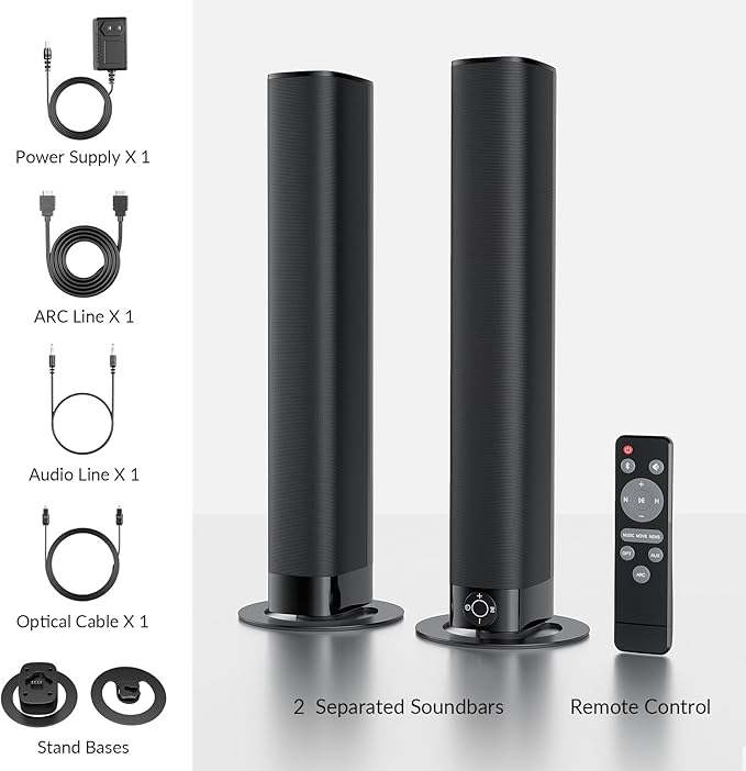 Sound Bar for Smart TV, Soundbar with Bluetooth/ARC/Opt/AUX Connect, Auto Volume Boost, 3 Equalizer Modes, 2 in 1 Detachable Soundbar for TV/PC/Gaming/Projectors