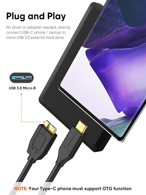 CableCreation 2FT USB C to Micro B Cable,10Gbps Speed External Hard Drive Braided,USB 3.1 Type C to Micro B Work for iPhone 15/16,Seagate WD Westgate My Passport,MacBook Pro/Air, iPad/Tablet,Black