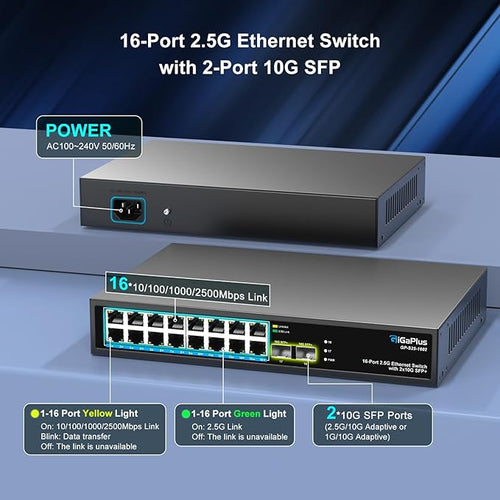 18 Port 2.5Gb Unmanaged Ethernet Switch with 16* 2.5G Base-T Ports, 2* 10G SFP+ Ports. GiGaPlus 2.5Gbps Network Switch for 2.5Gbps NAS/PC, Wireless AP, WiFi6 Router. Plug and Play, Fanless Design.