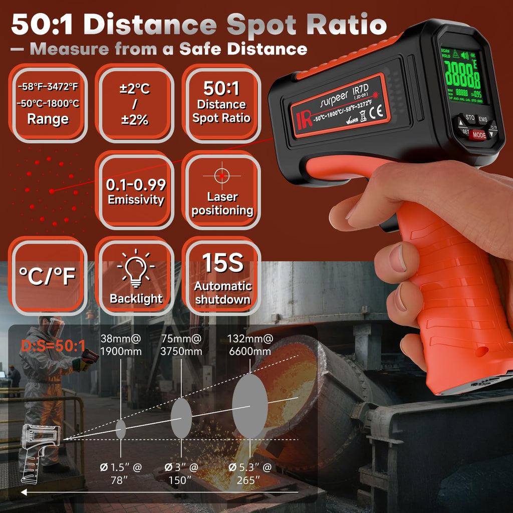 Surpeer -58℉~3272℉ Infrared Thermometer IR Gun, High-Temp Digital Temperature Gun, 50:1 Non-Contact Pyrometer for Kiln, Forge, Furnace, Engine, HVAC & Industrial Applications