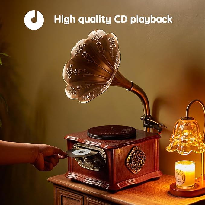 Wooden Phonograph Gramophone Turntable CD Player Stereo System Control 33/45 RPM FM AUX USB Ouput Bluetooth 4.2 … …