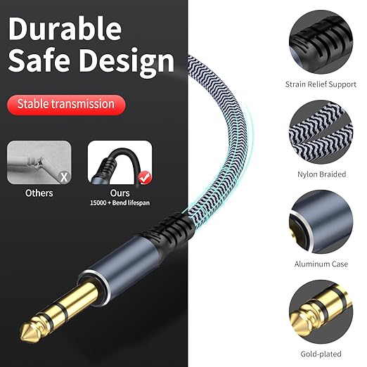 1/4 inch Extension Cable 40ft, 1/4"" inch Male to Female Stereo Headphone Guitar Extension Cable, Quarter inch Headphone Extension Cable, Grey