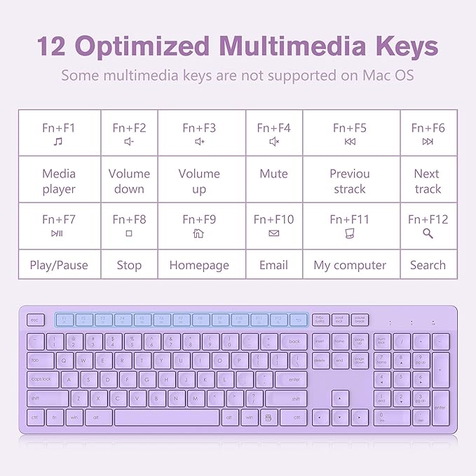 LeadsaiL Purple Wireless Keyboard, 2.4GHz Full-Sized Ergonomic Computer Keyboard, Cordless Noiseless Keyboard,12 FN Shortcuts for Windows MacOS Laptop Computer