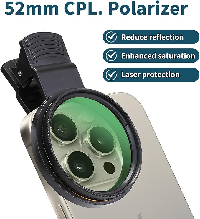 52mm Clip-on CPL Phone Camera Lens Filter, Polarized Camera Lens CPL Filter for iPhone 16 15 Pro Max Plus 14 13 Pro Max Mini 12 11 X XS Max Galaxy