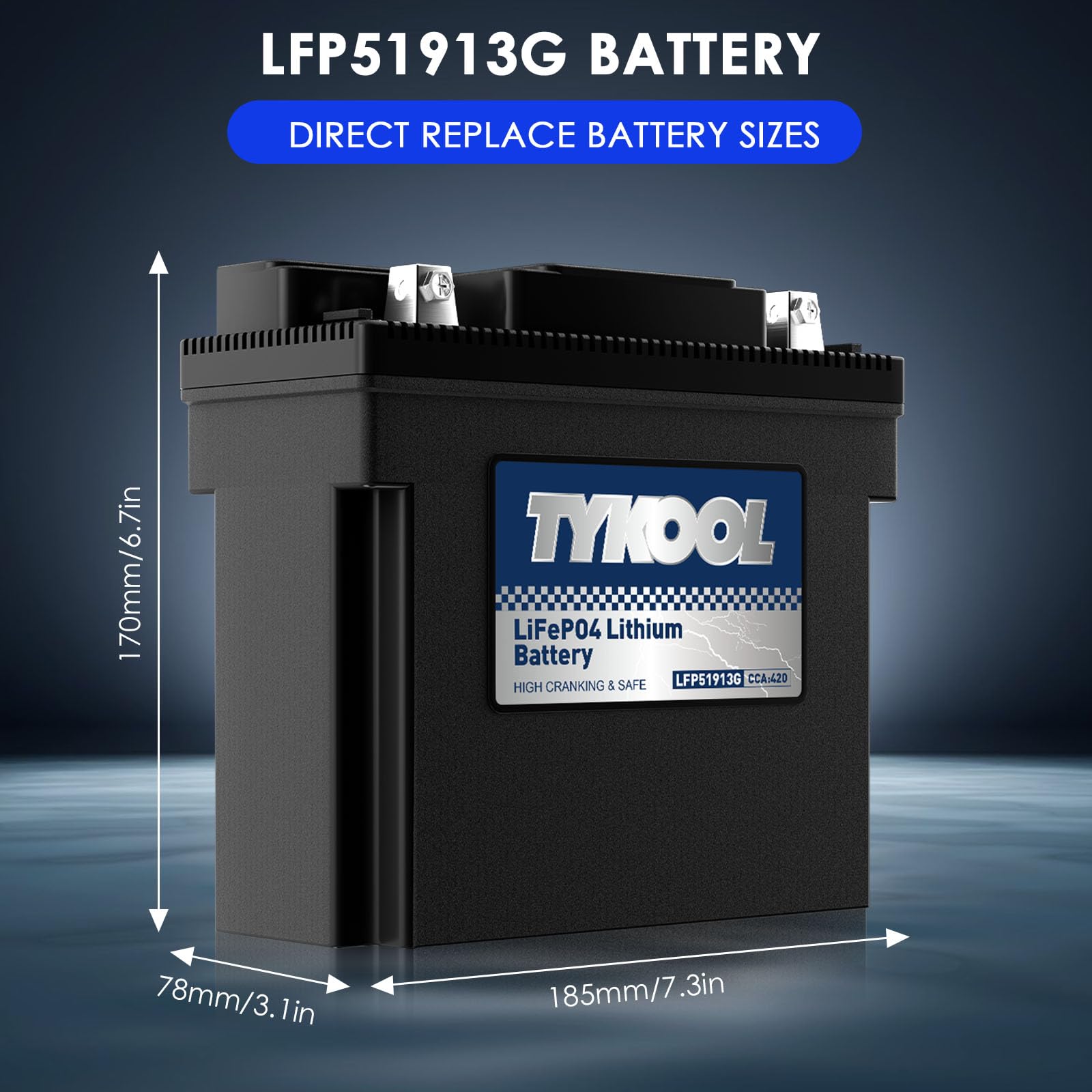 TYKOOL LFP51913G Lithium Motorcycle Battery, Replaces 51913 YT19BL-BS 51814, 420CCA 7Ah, Fits for BMW R1100GS R1100RT R850R K75RT K1200RS Moto Guzzi California 1100, IP66, LCD Monitor [- +]