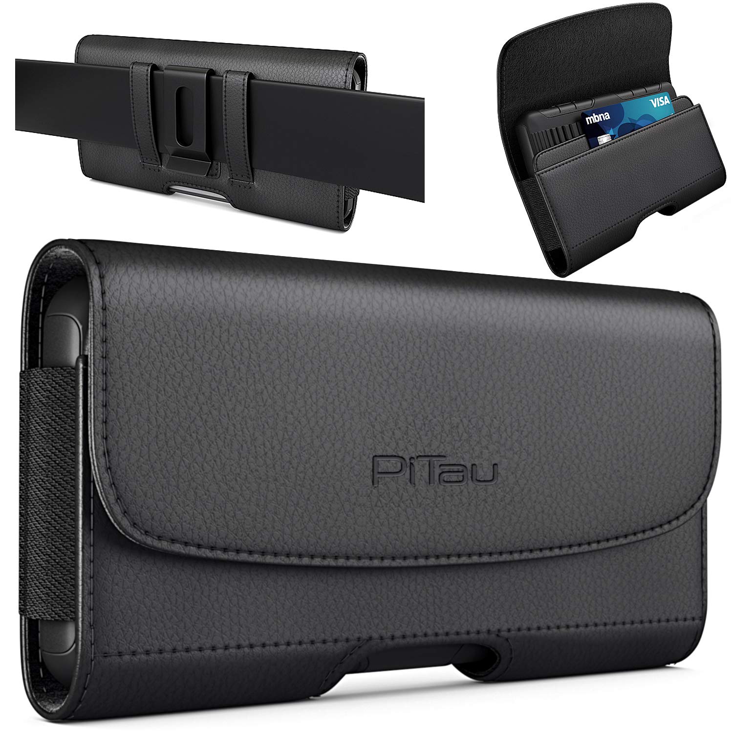 PiTau Holster for iPhone SE, 8, 7, 6s, 6, Premium Cell Phone Belt Holder Case with Clip Loops ID Card Carrying Pouch Cover, (Fits Apple Phone with Case on) Black Small
