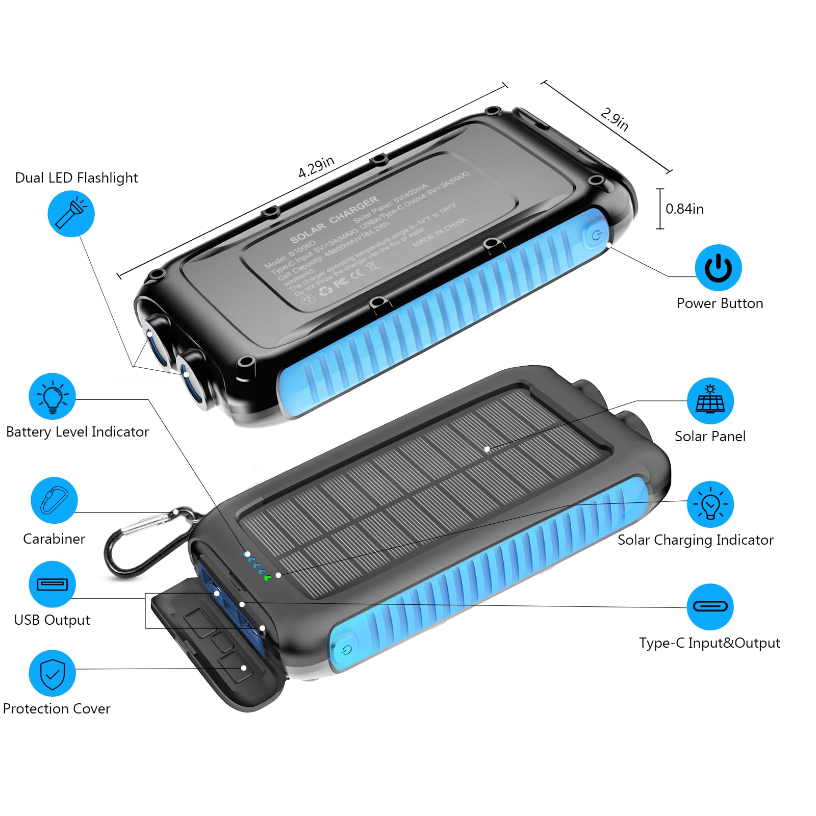 Kepswin Solar Power Bank 49800mAh Portable Solar Phone Charger with LED Flashlight/15W Fast Charge USB C Waterproof External Backup Battery Pack for All Cell Phones & Electronic Devices
