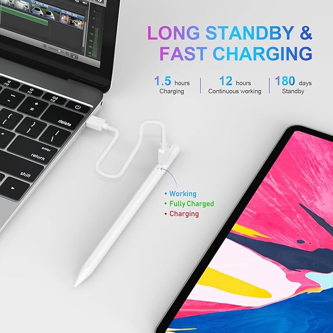 Stylus Pen for iPad 2018-2024 with Palm Rejection, Active Pencil for iPad 10th/9th/8th/7th/6th Generation, for iPad Pro 11/12.9 inch, for iPad Air 5th/4th/3th Gen, for iPad Mini 6th/5th Gen (White)