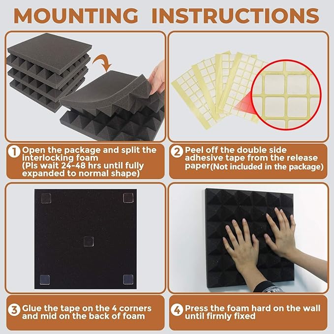 Acoustic Panels - 12 Pack 12x12x2 Inches Black Pyramid Acoustic Foam, Fire-Proofed Soundproof Wall Panels, 25kg/cbm Sound Proof Foam Panels ， Sound Panels for Recording Studio and Music Room