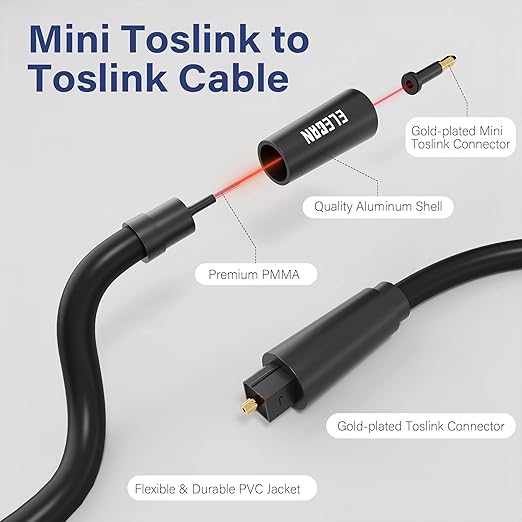Elecan Mini Toslink to Toslink Digital Optical S/PDIF Audio Cable 10 Ft, Gold Plated Soft Flexible Fiber Optic Cable,Signal Protection PVC,Surround Sound for Soundbar,Home Theater,Hi-Fi System+Ties MI