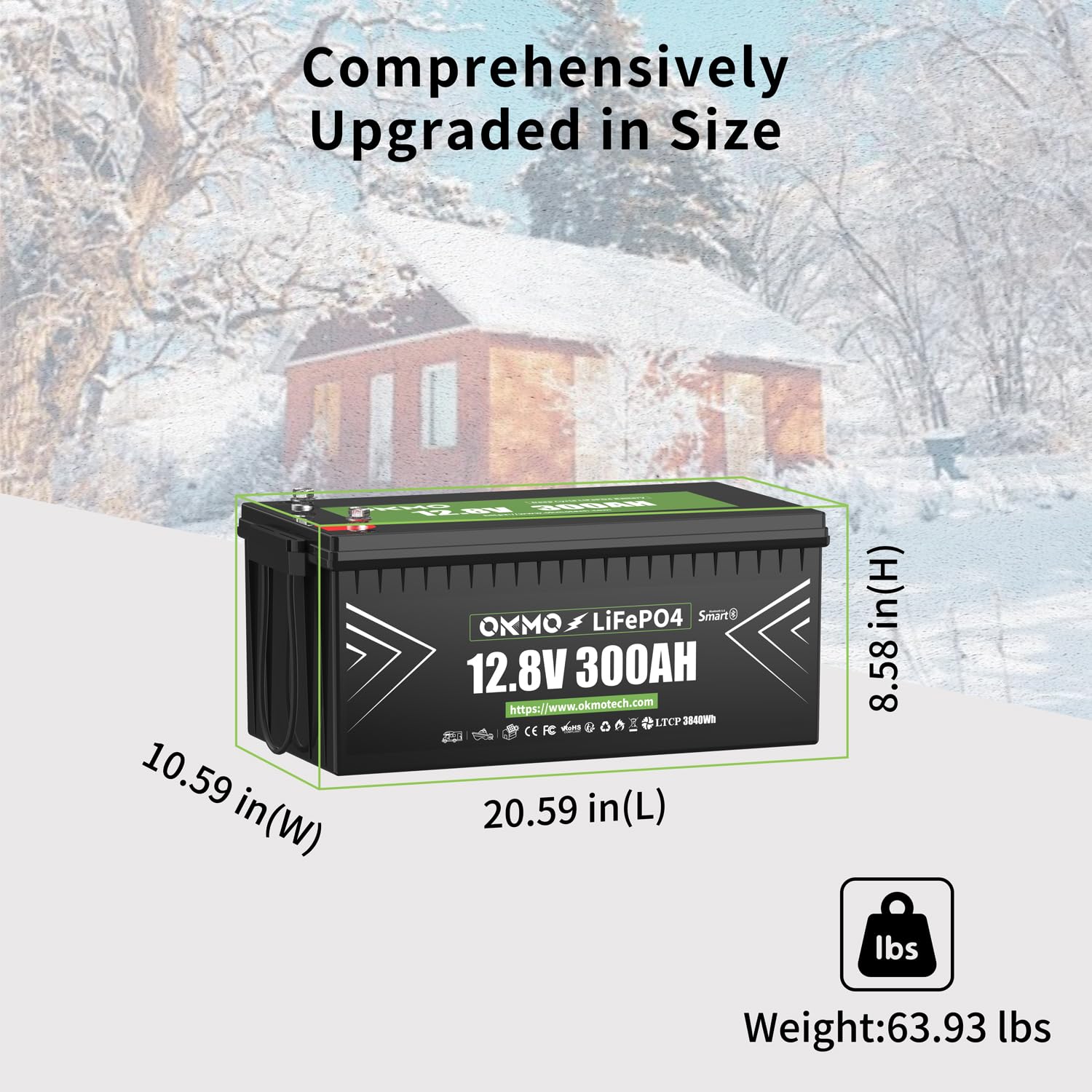 OKMO 12V 300Ah LiFePO4 Lithium Battery With Bluetooth Built-in 150A BMS Low-Temp Protection for RV, Solar/Off-Grid Applications, Home Energy Storage, Marine