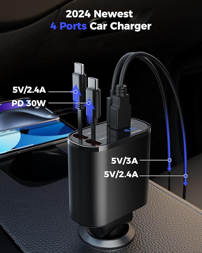 SUPERONE Retractable Car Charger for iPhone with Dual Type C Cables, 4 in 1 USB C Car Charger Adapter with PD 60W Fast Charging Compatible with iPhone 16 15 14 13 12 11 Pro/XS/XR/SE/iPad/Airpods