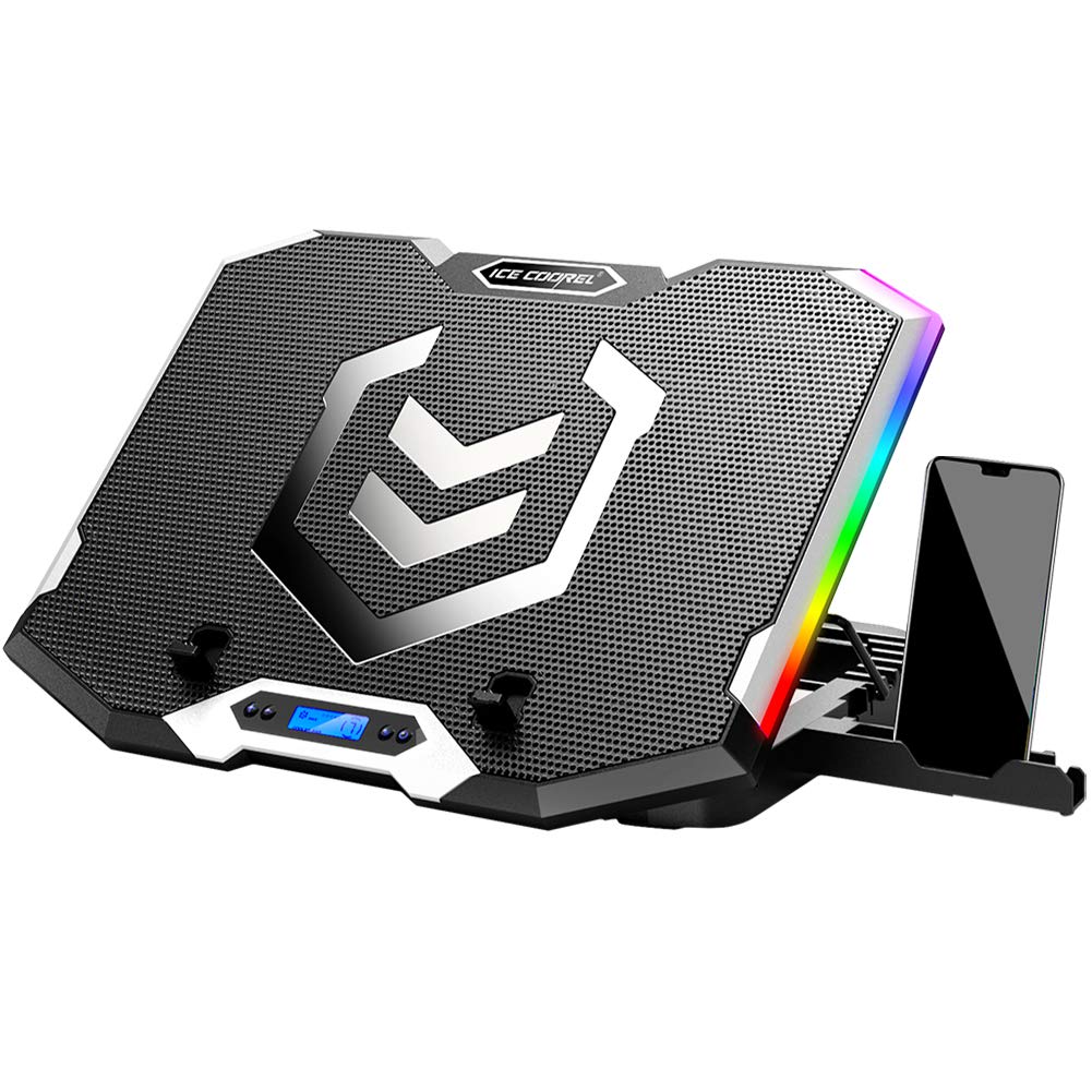 ICE COOREL Gaming Laptop Cooling Pad with 8 Cooling Fans, Laptop Fan Cooler Pad for 15-17.3 Inch, Notebook Cooler Stand with 6 Height Adjustable, RGB Cooling Pad with Two USB Port + Phone Stand