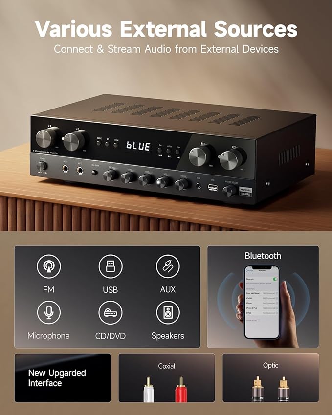 Donner Stereo Receivers Home Audio Amplifier, Premium 1000W Peak Power 4 Channel Amplifier with Bluetooth 5.0, USB, FM, 2 Mic-in, Echo, RCA, Optical/Coaxial Input for Home, Karaoke, Theater Speakers