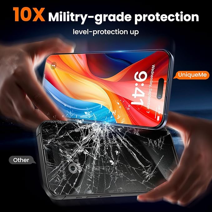 UniqueMe for iPhone 15 Pro Screen Protector - [Military Grade Shatterproof & 9H+ Hardness] Screen Protector 15 Pro Tempered Glass Full Coverage Protection, Easy Installation, 2 Packs