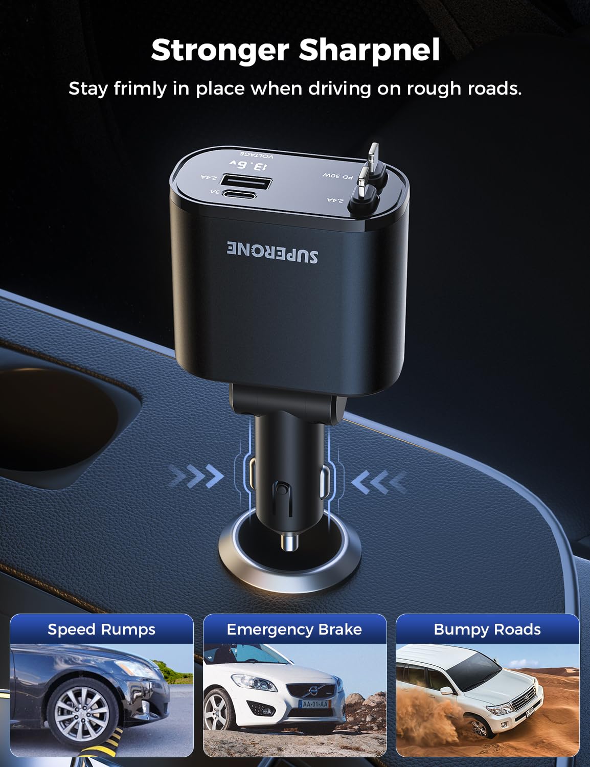 SUPERONE Retractable Car Charger, 4-in-1 Fast Phone Charger Adapter
