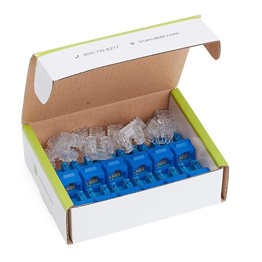 trueCABLE Cat6A Keystone Jack, Unshielded (UTP), 90 Degree Punch-Down, PoE++ (4PPoE), UL Listed, ETL Verified, ANSI/TIA Certified, Modular RJ45 Female, Blue, 12 Pack