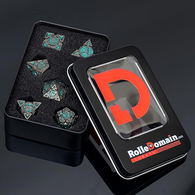 Green Black Nickel Finish Heavy Metal DND Dice Set (Ranger) with A Metal Box, Sharp Edge Zinc Alloy D&D Accessories, D4-D20, Designed for Dungeons & Dragons Master, RPG Player, Starter