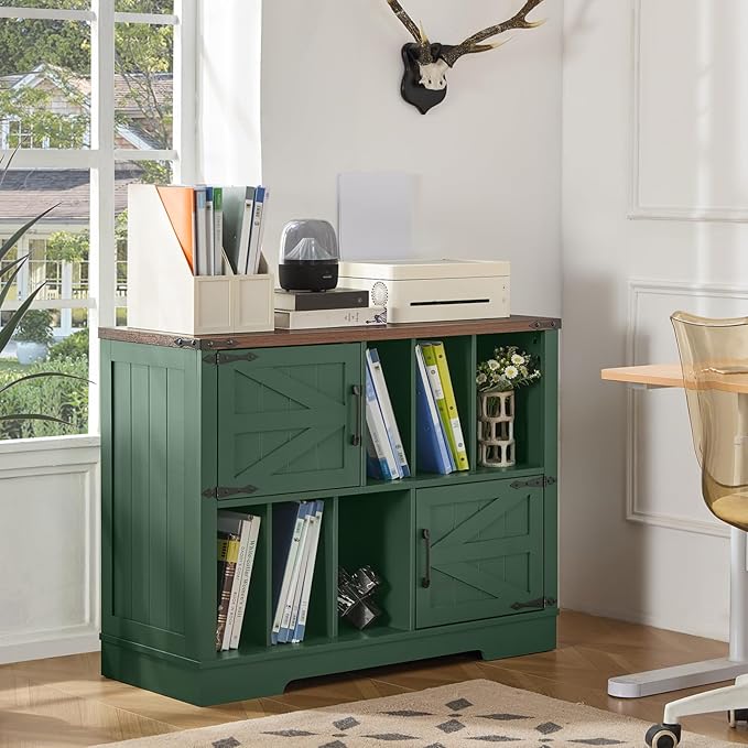 Large Record Player Stand with Vinyl Storage Up to 450 Albums, 39 Inch Farmhouse Wood Green Vinyl Records Storage Cabinet with Barn Doors, Mid-Century Accent Turntable Stand for Living Room