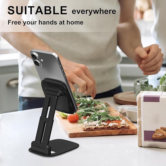 DEERLAMN Cell Phone Stand for Desk, Height Adjustable Cell Phone Holder Portable Desktop Stand, Travel Home Office Desk Accessories Compatible with iPhone 16/15/14/13/12/11 All Smartphone - Black