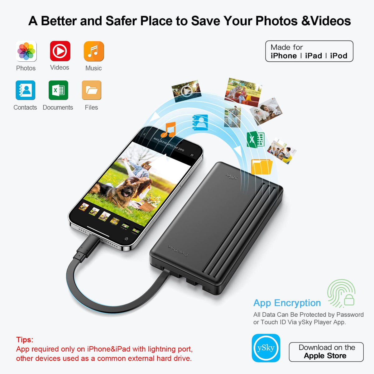 ySky MFi Certified 1TB Portable External Hard Drive for iPhone iPad MacBook Windows Computer USB C Android Phones to Backup,1TB Photo Stick for iPhone17/16/15/14/13((auto Backup)