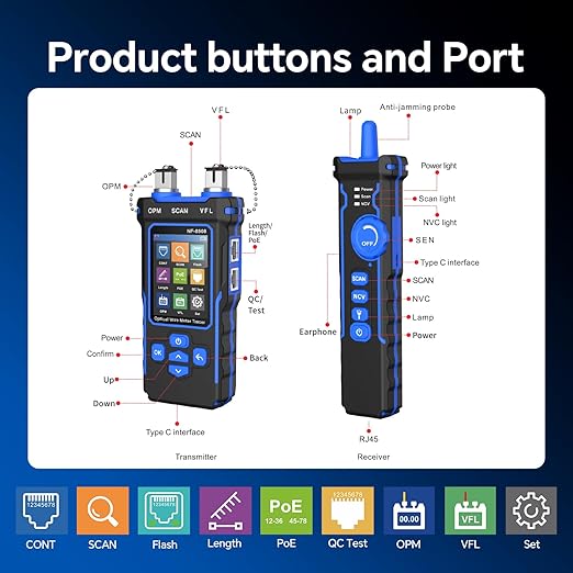 NOYAFA NF-8508 Network Cable Tester Kit with RJ45 Crimp Tool, Ethernet Cable Tester with Optical Power Meter, RJ45 Network Tester with Crimper Stripper Cutter for Cat5 Cat6 Cat7 8P8C