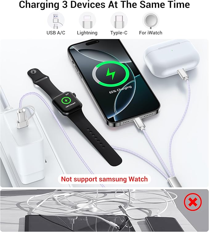 Temdan for Travel Vacation Essentials,3 in 2 USB C Cable for Apple Watch Charger/iPhone 16 Charger/Lightning,Multi Charging Cable Cord,Camping Essentials,Designed for iWatch &iPhone 16-12-5FT Purple