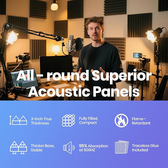 Focusound Black White Acoustic Panels 50 Pack 2"x12"x12" with 300 PCS Double-Side Adhesive - Sound Proof Pyramid Foam for Walls, Home Studio Noise Absorption & Echo Control Kit