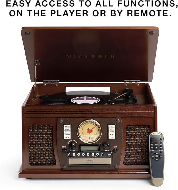 Victrola Navigator 8-in-1 Bluetooth Record Player with Built-in Speakers – 3 Speed Turntable, CD Player, Cassette, FM Radio, USB, RCA Out, Headphone Jack, Wireless Music Streaming, Real Wood (Oak)