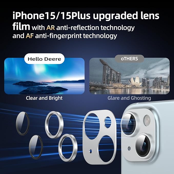 Compatible with iPhone 15/iPhone 14/iPhone 14 Plus/iPhone 15 Plus Camera Lens Protector, [Case-Friendly][Strong Adsorption][AR Anti-Reflection] Tempered Glass Full Coverage,Silver
