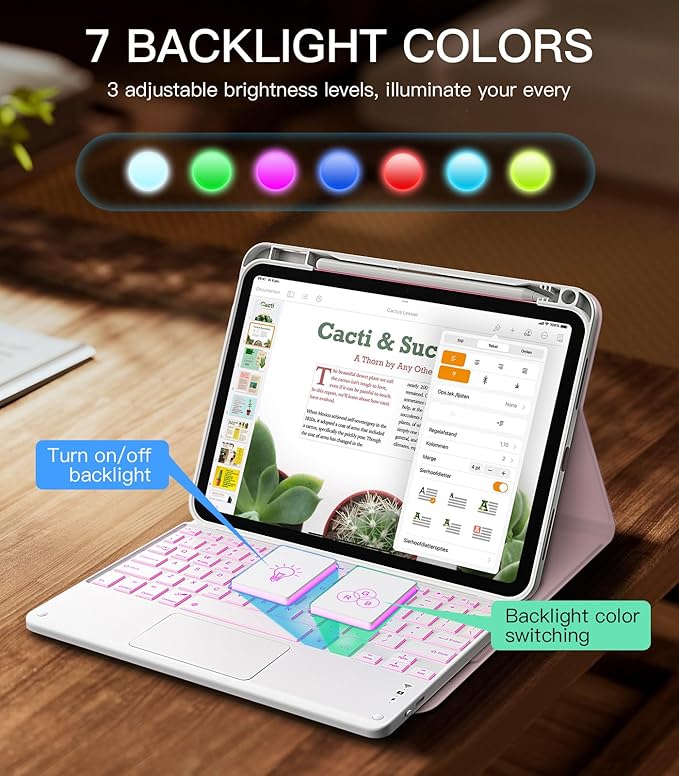MoKo Touch Keyboard Case for iPad (A16) 11th Generation 11 inch 2025, iPad 10th Generation 10.9 inch Case with Pencil Holder, 7 Colors Backlit Multi-TrackPad Detachable Bluetooth Keyboard,Nosegay Pink