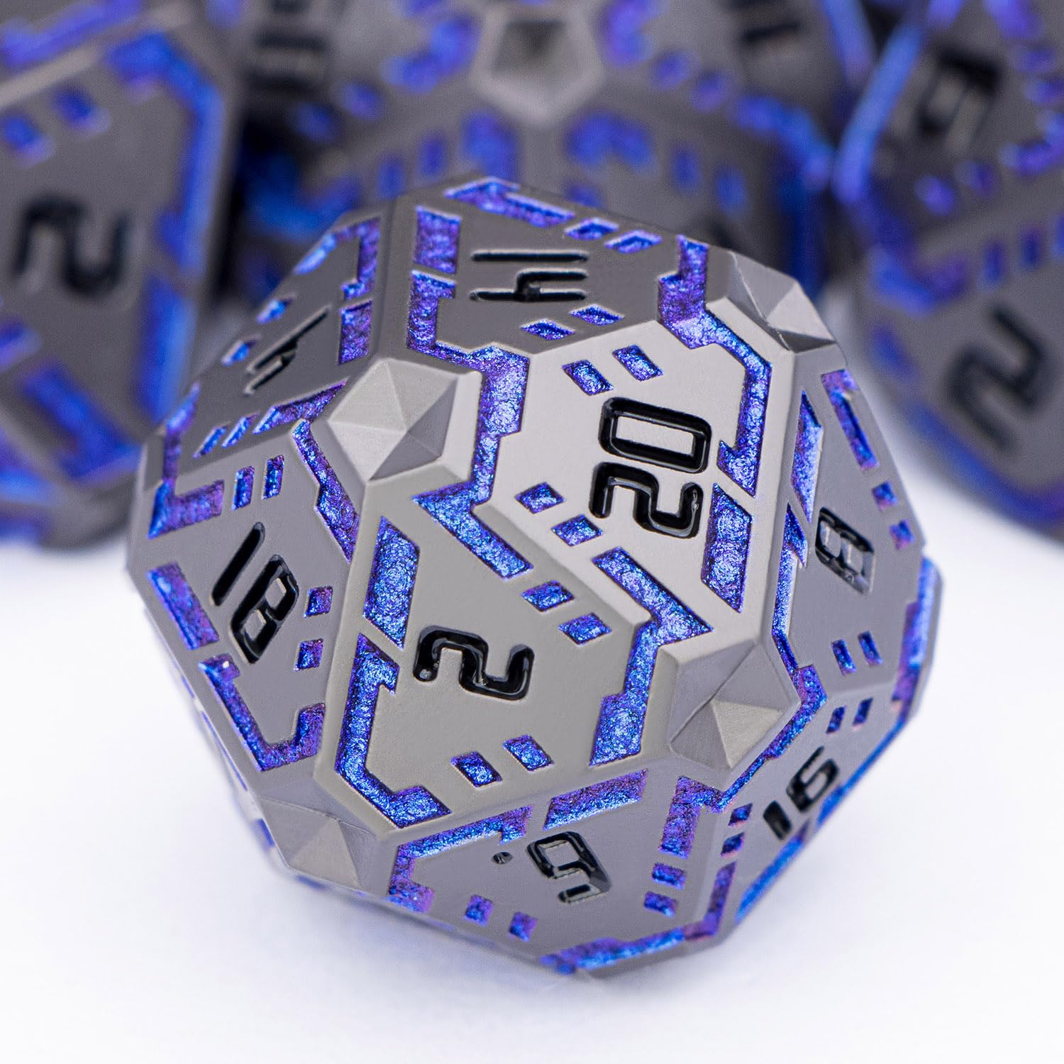 OGCOPHEN Metal DND Sci-fi Dice Set 7PCS Stripe Polyhedral Dice for Dungeons Dragons RPG Role Playing Game, Glitter D and D Dice with Gift Box D6 D8 D10 D12 D20 (Black&Blue Purple)