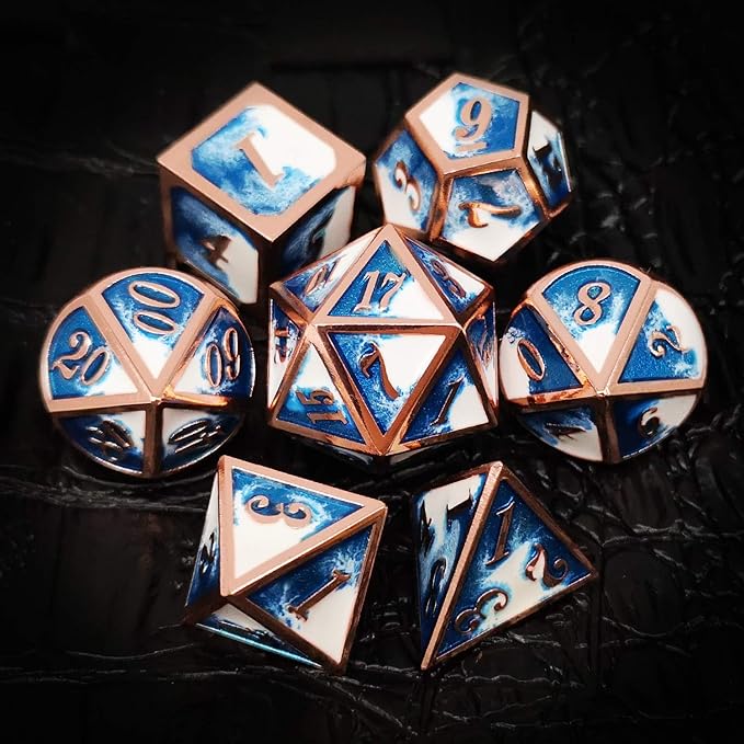 Haxtec Metal DND Dice Set Copper Blue White D&D Dice with Leather Dice Bag Compatible with Dungeons and Dragons RPG-Ice Dragon Bait