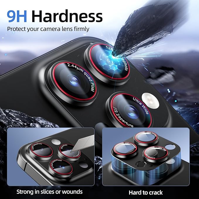 Camera Lens Protector for iPhone 16 Pro Max/iPhone 16 Pro/iPhone 15 Pro Max/iPhone 15 Pro/iPhone 14 Pro Max/14 Pro , [Military Grade Shatterproof][Full Coverage Metal] [Strong Adsorption] 9H Metal Aluminum Alloy Tempered Glass Camera Screen Cover, [Cas...