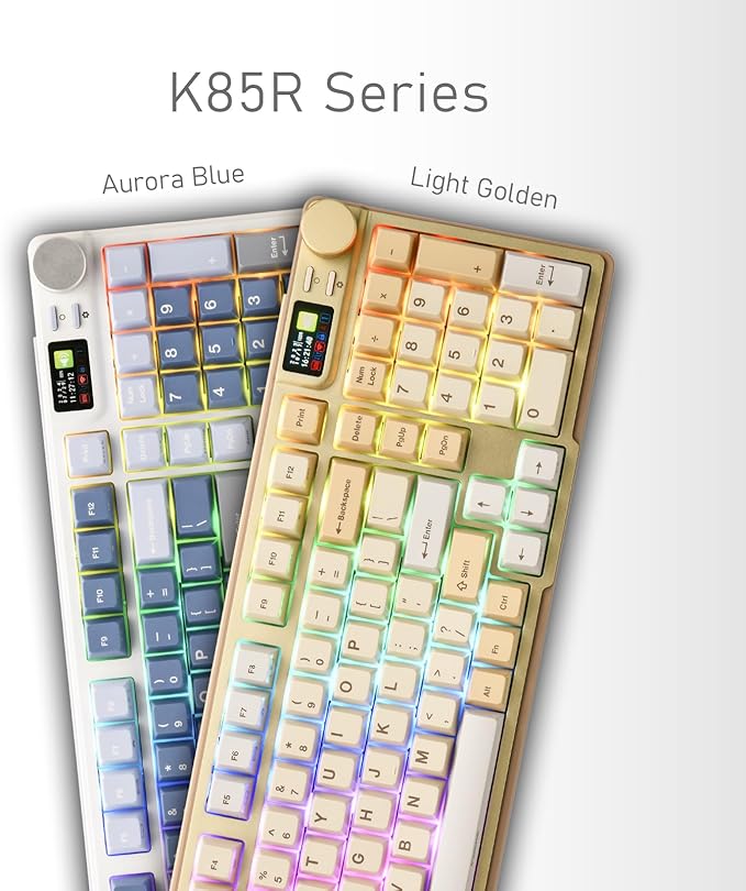 iRocks K85R Wireless RGB Backlit Mechanical Gaming Keyboard with LCD Display, Hot-Swappable Pre-lubed Switches, 98 PBT Keys, USB-C Detachable Cable (Light Golden, Silent Bubble Switch)