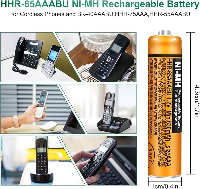 6 Pack HHR-65AAABU NI-MH Rechargeable Batteries 1.2V 630mAh AAA Battery for Panasonic Cordless Telephone Batteries