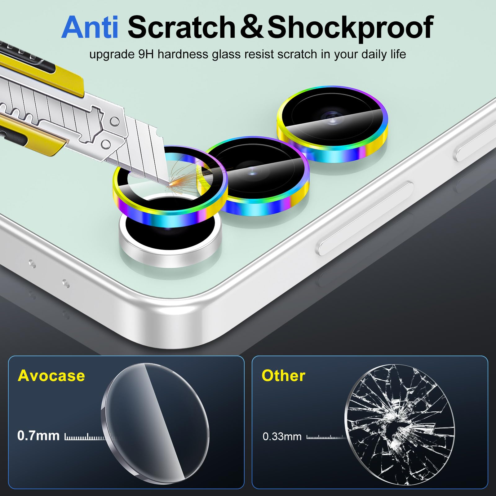 Avocase for Samsung Galaxy S24 FE Camera Lens Protector, Individual Metal Ring Tempered Glass Lens Cover, [Strong Adsorption] Scratch Resistant Ultra-Thin HD Clear Lens Cover, 1 Set-Colorful Ring