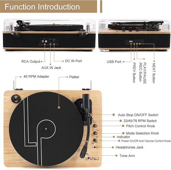 Vinyl Record Player 3-Speed Belt-Drive Turntable with Stereo Speakers and USB Play&Recording (Light Wood)