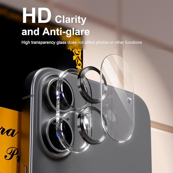 beuxece for 6 Pack iPhone 16 / iPhone 16 Plus Camera Lens Protector [Drop Protection] [Case Friendly] [Easy Installation] 9H Tempered Glass Camera Screen Protector Cover Accessories, CD Black