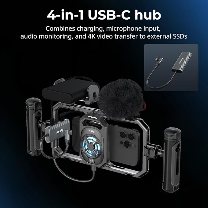 SMALLRIG All-in-One Cooling Dual Handle Phone Cage Kit for iPhone/Android, 15W Active Cooler & 4-in-1 USB-C Hub, Universal Compatibility 2.5-3.1" Phones, for Live Streaming- 5276