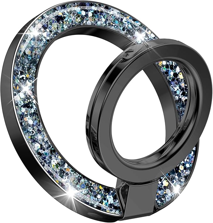 GVIEWIN Magnetic Phone Ring Holder, Compatible with MagSafe Phone Grip with Adjustable Stand, Magnet Phone Ring Kickstand for iPhone 16 Pro Max/Plus/15/14/13/12 Series/Other Phones (Glitter/Black)