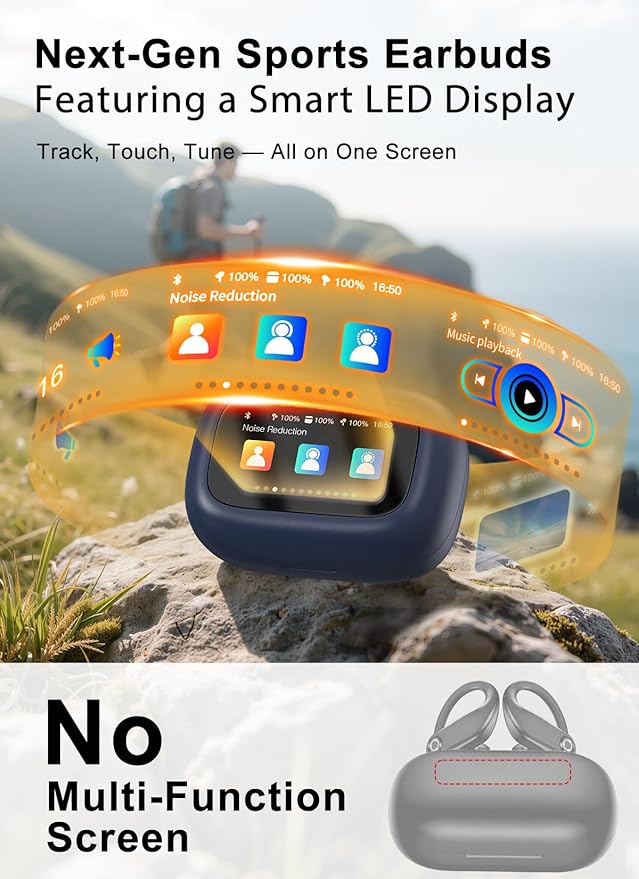 Wireless Earbuds, ANC Noise Cancelling Sport Ear Buds with Multifunctional Touch Screen, Bluetooth 5.4 Headphones, Bass Stereo Sound, 5 EQ Over The Ear Earbuds for Sports/Workout/Gym-Dark Blue