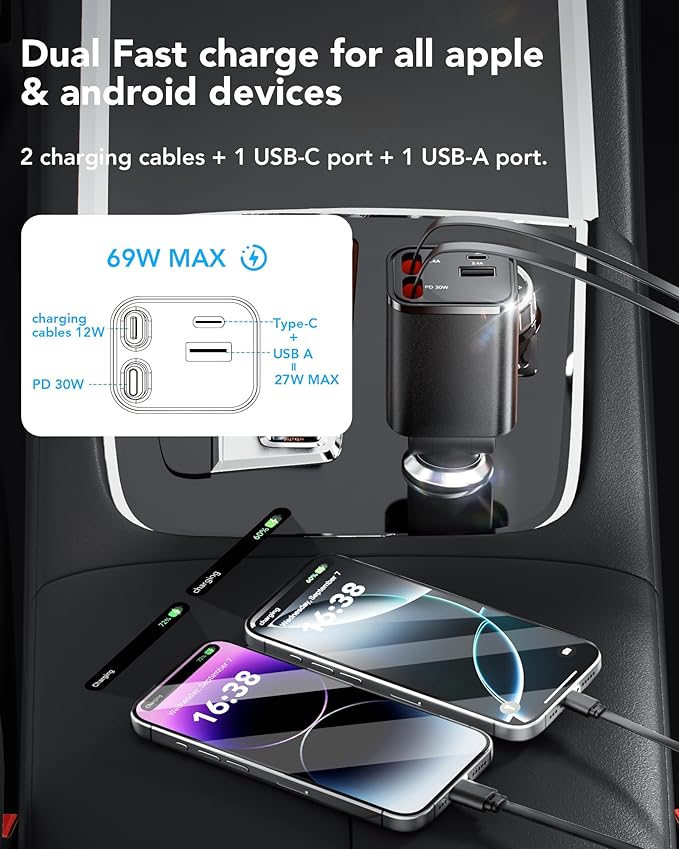 Retractable Car Charger, 4 in 1 Fast Car Charging 60W, Compatible for iPhone 16 Car Travel Essentials Charger, Women Men for Gifts USB C Car Honda Civic Accessories Adapter Compatible for iPhone 16 15